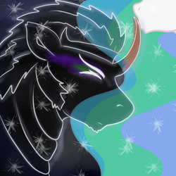 Size: 1200x1200 | Tagged: safe, artist:duskhoof, derpibooru exclusive, derpibooru import, king sombra, princess celestia, alicorn, pony, unicorn, celestibra, female, fimfiction, male, shipping, snow, straight