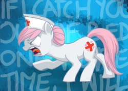 Size: 2000x1433 | Tagged: safe, artist:shirl-ame, nurse redheart, earth pony, pony, angry, dialogue, female, mare, nurse, open mouth, pointing, raised hoof, shrunken pupils, solo, yelling