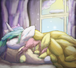 Size: 4104x3713 | Tagged: safe, artist:firefanatic, fluttershy, princess celestia, alicorn, pegasus, pony, bed, bed mane, blanket, colored, cuddling, cute, duo, ear fluff, eyes closed, fluffy, friendshipping, messy mane, prone, sleeping, smiling, snuggling, story included, window