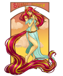 Size: 1024x1229 | Tagged: safe, artist:bunnynha, sunset shimmer, anthro, equestria girls, belly button, deviantart watermark, female, modern art, nouveau, obtrusive watermark, solo, watermark