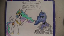 Size: 1552x873 | Tagged: safe, artist:supahdonarudo, princess celestia, princess luna, alicorn, pony, crying, dialogue, drawing, frown, letter, looking at each other, open mouth, raised hoof, ren and stimpy, sad, speech bubble, spread wings, traditional art, upset