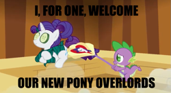 Size: 629x345 | Tagged: safe, edit, edited screencap, screencap, rarity, spike, dragon, pony, unicorn, green isn't your color, cucumber, fan, food, i for one welcome our new overlords, image macro, kent brockman, meme, prone, relaxing, seaweed, seaweed wrap, smiling