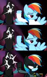 Size: 931x1517 | Tagged: safe, derpibooru import, edit, edited screencap, screencap, rainbow dash, changeling, pegasus, pony, fanfic:rainbow factory, do princesses dream of magic sheep, batdash, batman, batmare, elements of insanity, lidded eyes, punch, rainbine, rainbine ears, rainbow factory dash, smiling, smirk, smug