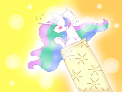 Size: 4000x3000 | Tagged: safe, artist:chrysalisgalaxy19, artist:scenicstar, princess celestia, alicorn, pony, collaboration, blanket, blushing, pillow, sleeping, solo, zzz