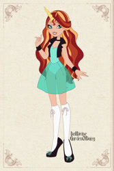 Size: 400x600 | Tagged: safe, artist:gardenofdaisy, artist:hippykat13, sunset shimmer, human, bow, bracelet, choker, clothes, dolldivine, dressup, dressup game, ever after high, flats, freckles, horn, horned humanization, humanized, jacket, jewelry, kneesocks, leotard, see-through, see-through skirt, shoes, skirt, socks, tutu