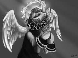 Size: 1500x1125 | Tagged: safe, artist:trojan-pony, princess celestia, alicorn, pony, clothes, eyes closed, grayscale, halo, monochrome, praying, ruff (clothing), solo, spread wings, triangle, underhoof