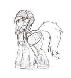 Size: 490x534 | Tagged: safe, artist:rusticpony, derpy hooves, pegasus, pony, clothes, female, mare, monochrome, red army, sketch, solo, soviet union, tanker, traditional art, uniform, world war ii