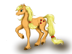 Size: 1632x1224 | Tagged: safe, artist:bugaboostreak, applejack, earth pony, pony, hatless, missing accessory, raised hoof, solo, unshorn fetlocks