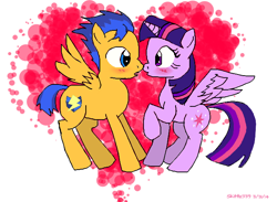 Size: 664x486 | Tagged: safe, artist:skittlz339, derpibooru import, flash sentry, twilight sparkle, twilight sparkle (alicorn), alicorn, pony, backwards cutie mark, blushing, boop, eye contact, female, flashlight, heart, imminent kissing, male, mare, noseboop, raised leg, shipping, straight, wingboner