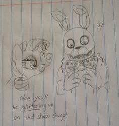 Size: 833x881 | Tagged: safe, artist:madikatfangirl, rarity, pony, unicorn, bonnie, bowtie, crossover, dialogue, exclamation point, eyeshadow, five nights at freddy's, interrobang, lined paper, magic, makeup, pencil drawing, question mark, smiling, telekinesis, traditional art