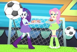 Size: 1041x698 | Tagged: safe, screencap, fluttershy, rarity, equestria girls, rainbow rocks, shake your tail, football, imminent pain, simpson tapped out