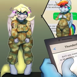 Size: 1280x1280 | Tagged: safe, artist:sintacle, derpy hooves, rainbow dash, anthro, pegasus, unguligrade anthro, american flag, angry, army, cellphone, clothes, commission, digital art, duo, duo female, female, gritted teeth, implied thunderlane, mocking, phone, smartphone, sombra eyes, text, texting, this will end in death, this will end in pain, this will end in tears, this will end in tears and/or death, wings