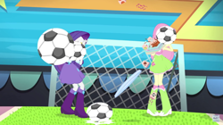 Size: 1280x718 | Tagged: safe, screencap, fluttershy, rarity, equestria girls, rainbow rocks, shake your tail, boots, football, high heel boots, jewelry