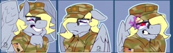 Size: 1280x395 | Tagged: safe, artist:sintacle, derpy hooves, anthro, pegasus, american flag, angry, army, clothes, commission, digital art, expressions, eyes closed, face doodle, female, glasses, gritted teeth, long face, smiling, sombra eyes, tail, wings
