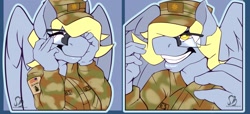 Size: 1280x584 | Tagged: safe, alternate version, artist:sintacle, derpy hooves, anthro, pegasus, american flag, army, clothes, commission, cute, digital art, expressions, eyes closed, face doodle, female, glasses, gritted teeth, smiling, tail, wings