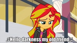 Size: 540x304 | Tagged: safe, sunset shimmer, equestria girls, caption, image macro, meme, sad, simon and garfunkel, song reference, sunsad shimmer, text, the sound of silence