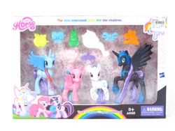 Size: 800x600 | Tagged: safe, derpibooru import, nightmare moon, pinkie pie, princess celestia, rainbow dash, rarity, twilight sparkle, alicorn, pony, alicornified, bootleg, cardboard twilight, lovely horse, race swap, rainbowcorn, toy