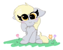 Size: 2135x1700 | Tagged: safe, artist:kittyrosie, derpy hooves, pegasus, pony, blushing, chest fluff, cute, derpabetes, female, floppy ears, flower, looking at you, mare, simple background, sitting, solo, white background