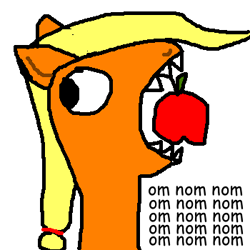 Size: 350x350 | Tagged: safe, artist:sandwich, applejack, earth pony, pony, apple, comic sans, ms paint, nom, solo, stylistic suck, that pony sure does love apples