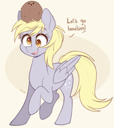 Size: 1340x1500 | Tagged: safe, artist:higglytownhero, derpy hooves, pegasus, pony, bowling, coconut, cute, derpabetes, female, food, let's go bowling, mare, open mouth, raised hoof, raised leg, solo