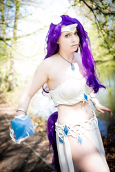 Size: 2731x4096 | Tagged: safe, artist:gekkolilly, rarity, human, absurd resolution, belly button, breasts, clothes, cosplay, costume, female, forest, irl, irl human, jewelry, midriff, necklace, photo, solo, staff, water