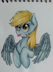 Size: 813x1102 | Tagged: safe, artist:toxiccolour, derpy hooves, pegasus, pony, :p, chest fluff, cute, derpabetes, female, mare, solo, tongue out, traditional art, wing fluff