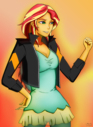 Size: 2070x2850 | Tagged: safe, artist:rittaruzira, sunset shimmer, equestria girls, clothes, female, fist, jacket, orange background, pants, signature, simple background, smiling, solo