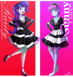 Size: 2004x2096 | Tagged: safe, artist:the-butch-x, rarity, sunny flare, equestria girls, clothes, commission, cute, female, hand on hip, high heels, latex, looking at you, maid, matching outfits, open mouth, raised leg, shoes