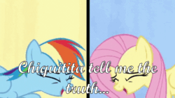 Size: 544x306 | Tagged: safe, derpibooru import, edit, edited screencap, screencap, fluttershy, rainbow dash, pegasus, pony, flutter brutter, abba, animated, chiquitita, duo, eyes closed, gif, hoof on chest, lyrics, singing, song reference, text