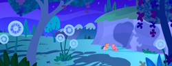 Size: 1119x435 | Tagged: safe, screencap, pinkie pie, toola roola, earth pony, pony, g3.5, twinkle wish adventure, dandelion, g3 panorama, night, panorama, shadow, shadows, that's what makes a friend