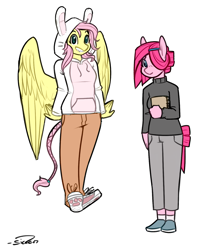 Size: 882x1000 | Tagged: safe, artist:siden, fluttershy, pinkie pie, oc, oc:cottontail, oc:ink blot, anthro, alternate universe, bunny ears, clothes, converse, hoodie, ultimare universe