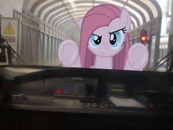 Size: 1024x768 | Tagged: safe, pinkie pie, earth pony, pony, fourth wall, glare, looking at you, pinkamena diane pie, railroad, raised eyebrow, smirk, solo, subway, train, underhoof