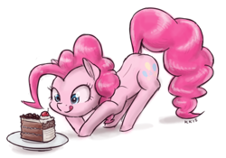 Size: 1000x699 | Tagged: safe, artist:king-kakapo, pinkie pie, earth pony, pony, cake, cute, diapinkes, eyes on the prize, female, mare, plate, simple background, solo, tongue out, white background