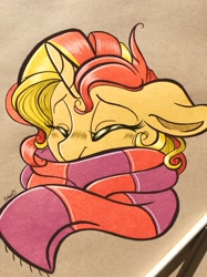 Size: 1535x2048 | Tagged: safe, artist:emberslament, artist:snoopystallion, sunset shimmer, pony, unicorn, blushing, clothes, cute, eyes closed, female, floppy ears, mare, photo, scarf, shimmerbetes, solo, traditional art