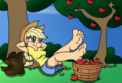 Size: 2063x1403 | Tagged: safe, artist:kuroi-wolf, edit, applejack, human, barefoot, boots, feet, humanized, soles, toes