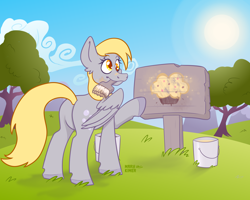 Size: 5000x4000 | Tagged: safe, artist:marykimer, derpy hooves, pegasus, pony, butt, colored, colored hooves, cutie mark, derp, female, flat colors, food, morning, muffin, outdoors, paint bucket, paint tool sai, paintbrush, painting, plot, simple shading, solo, sun, tree