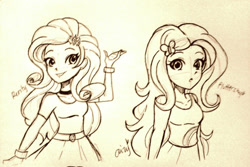 Size: 540x360 | Tagged: safe, artist:aizy-boy, fluttershy, rarity, equestria girls, monochrome, photo, traditional art