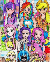 Size: 1339x1661 | Tagged: safe, artist:wrath-marionphauna, applejack, carrot cake, cup cake, derpy hooves, dinky hooves, dj pon-3, fluttershy, pinkie pie, rainbow dash, rarity, twilight sparkle, vinyl scratch, human, colored pencil drawing, humanized, mane six, the cakes, traditional art