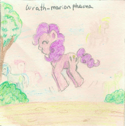 Size: 1615x1637 | Tagged: safe, artist:wrath-marionphauna, derpy hooves, minuette, pinkie pie, earth pony, pony, colored pencil drawing, crayon drawing, jumping, ponyville, traditional art