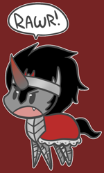 Size: 618x1028 | Tagged: safe, artist:typhwosion, derpibooru import, king sombra, pony, unicorn, beady eyes, chibi, cute, cute little fangs, dialogue, fangs, gradient horn, male, open mouth, rawr, red background, simple background, solo, sombradorable, speech bubble, stallion