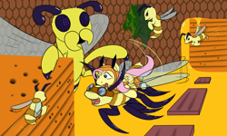 Size: 1280x768 | Tagged: safe, artist:fantasyglow, fluttershy, bee, pegasus, pony, crossover, honey, queen bee, terraria