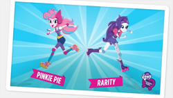 Size: 1079x607 | Tagged: safe, screencap, pinkie pie, rarity, equestria girls, friendship games, commercial, duo, happy, looking at you, my little pony logo, skating, solo, unleash the magic (commercial), youtube link