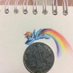 Size: 1080x1080 | Tagged: safe, artist:colorfulcolor233, derpibooru import, rainbow dash, pegasus, pony, coin, female, flying, mare, simple background, size comparison, solo, traditional art, yuan