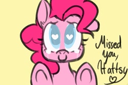 Size: 843x561 | Tagged: safe, artist:whale, pinkie pie, oc, oc:hattsy, earth pony, pony, crying, heart, smiling, solo, tears of joy