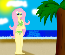 Size: 2616x2224 | Tagged: safe, artist:cyber-murph, fluttershy, equestria girls, beach, belly button, bikini, clothes, looking at you, palm tree, smiling, solo, swimsuit, tree