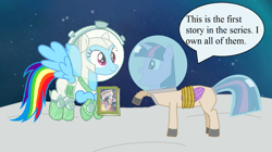 Size: 1371x770 | Tagged: safe, artist:guihercharly, derpibooru import, daring do, rainbow dash, twilight sparkle, twilight sparkle (alicorn), alicorn, pegasus, pony, spoiler:comic, astrodash, astronaut, book, caption, clothes, costume, helmet, image macro, rope, space, spacesuit, tail helmet, text