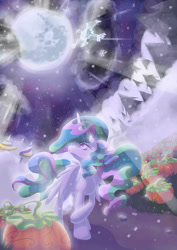 Size: 4961x7016 | Tagged: safe, artist:hananpacha, princess celestia, alicorn, pony, absurd resolution, full moon, looking at something, looking up, mare in the moon, missing accessory, moon, moonlight, pumpkin, pumpkin patch, snow, snowfall, solo, wings