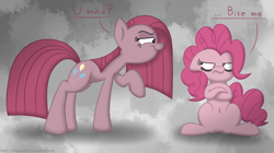 Size: 1250x700 | Tagged: safe, artist:fakskis, pinkie pie, earth pony, pony, angry, annoyed, annoying, belly button, crossed arms, duality, featureless crotch, grumpy, pinkamena diane pie, u mad