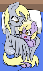 Size: 1159x1930 | Tagged: safe, artist:dinkyuniverse, derpy hooves, dinky hooves, pegasus, pony, unicorn, bed, bed time, bedroom, child, cuddling, cute, daughter, derpabetes, dinkabetes, equestria's best daughter, equestria's best mother, family, female, filly, foal, happy, mare, mother, mother and child, mother and daughter, parent and child, relaxing, sleepy, smiling, wholesome