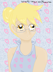 Size: 349x473 | Tagged: safe, artist:wrath-marionphauna, derpy hooves, human, alternate hairstyle, clothes, cute, derpabetes, glasses, hair bun, heart, humanized, shirt, solo, t-shirt